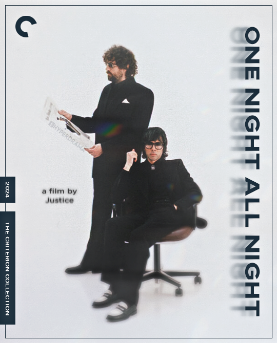 a fake criterion film poster, potentially about a co-workers to lovers romance, inspired by the song "one night/all night" by justice.