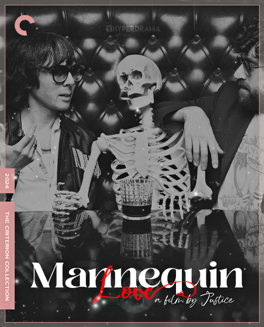 a romcom style, fake criterion poster, inspired by the song "mannequin love" by justice