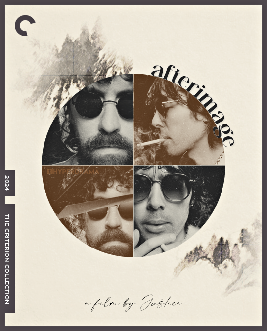 a fake criterion film poster, possibly hinting towards an action/spy/adventure film, inspired by the song "afterimage" by justice